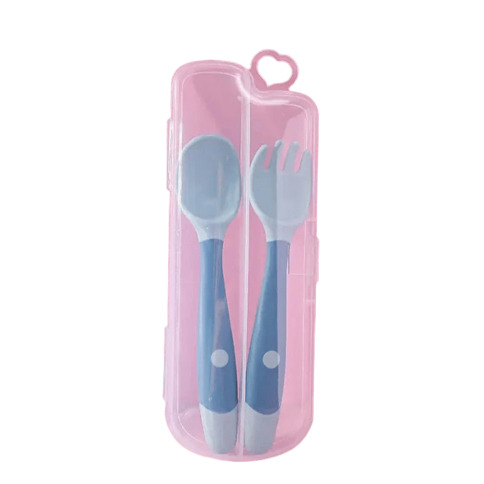 Silikon-Gabel-und-Löffel-Set mit praktischer Aufbewahrungsbox in Blau für Babys