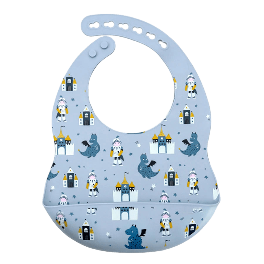 Babyblaues Kinderlätzchen mit Drachen- und Schlossmotiv