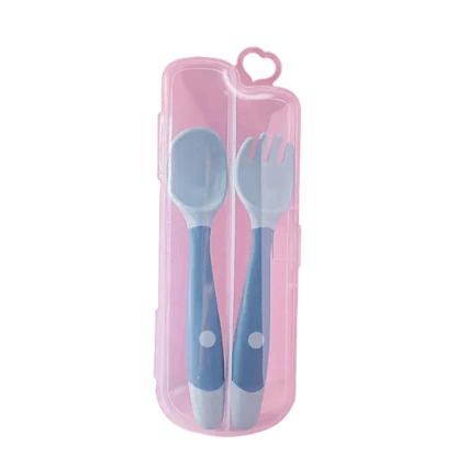 Silikon-Gabel-und-Löffel-Set mit praktischer Aufbewahrungsbox in Blau für Babys