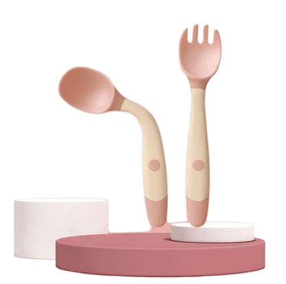 Kinderbesteck aus Silikon in Rosa – Gabel und Löffel Set zum Selbstessen lernen