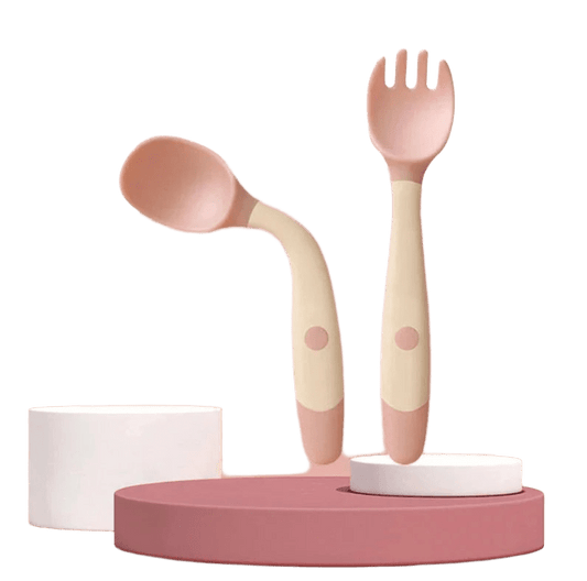 Kinderbesteck aus Silikon in Rosa – Gabel und Löffel Set zum Selbstessen lernen