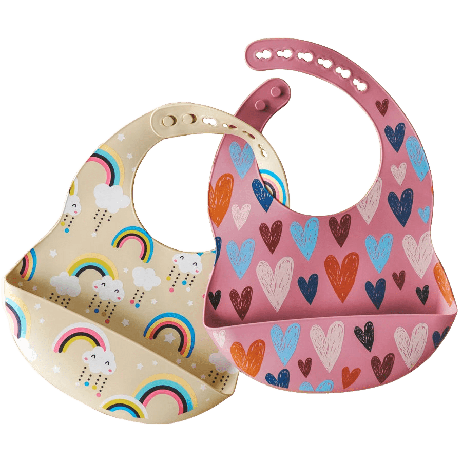 rosa Herzchen und beige Regenbogen-Wolken Lätzchen